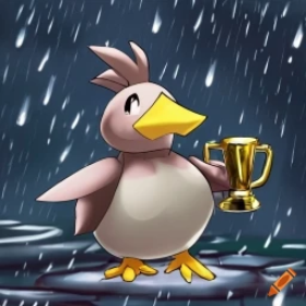 craiyon_015151_Pok_mon_Farfetch_d_holding_a_golden_trophy_in_the_rain_at_night