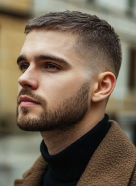 Cabelo curto reto e barba media