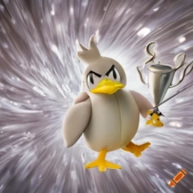 craiyon_212440_Pok_mon_Farfetch_d_holding_a_trophy_on_a_silver_cyclone_background