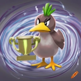 craiyon_212705_Pok_mon_Farfetch_d_holding_a_trophy_on_a_silver_cyclone_background
