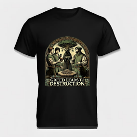 CAMISA 02: The image reflects Geoffrey Chaucer's The Pardoner's Tale, which tells the story of three young men who set out in search of death after hearing that it has killed their friends. In their search for death, they meet a mysterious old man who directs them to a tree where they discover gold coins. Overcome by greed, they plot against each other. Two of them join forces to kill the third so that they can take a larger share of the wealth, while the third poisons his companions' wine in order to keep all the treasure for himself